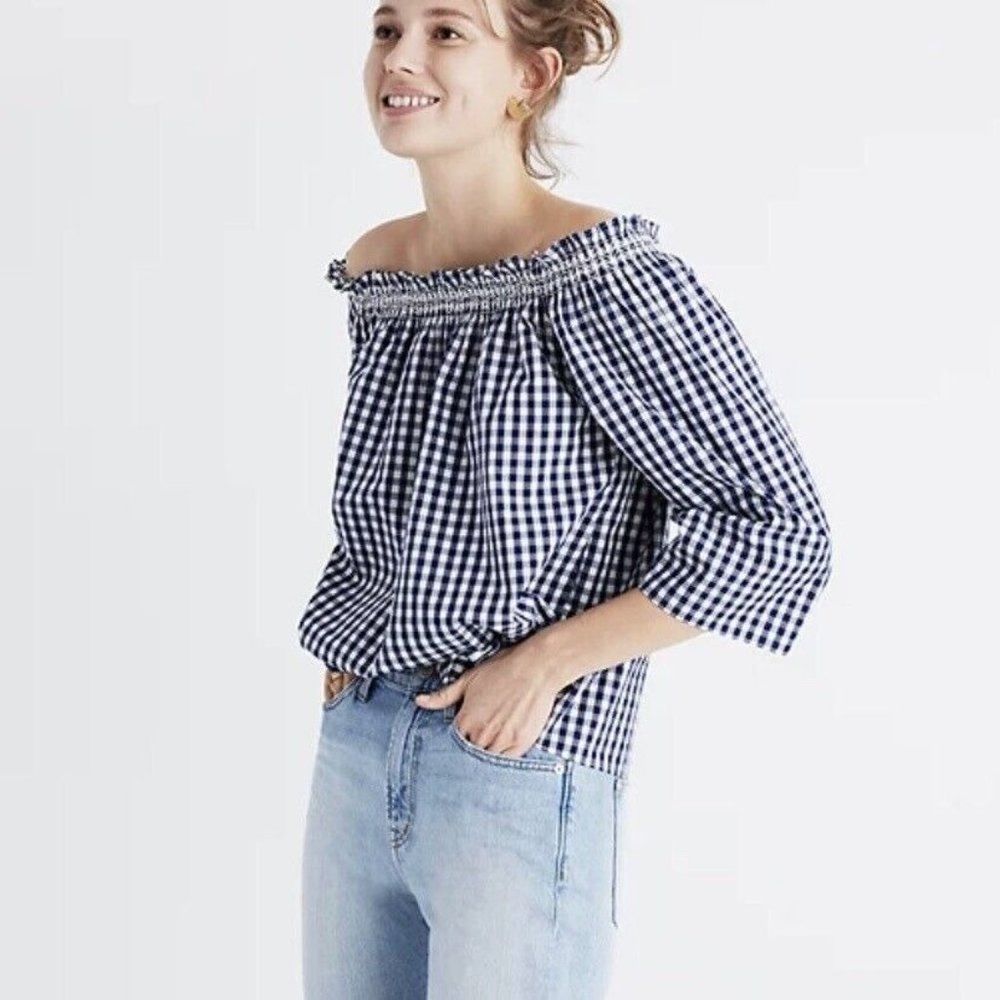 Madewell Blue Gingham Off-Shoulder Blouse